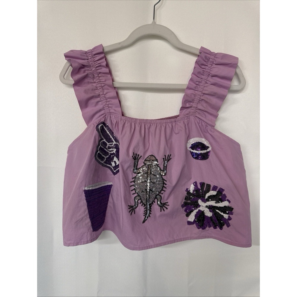 Queen of Sparkles Sequin Game Day Poplin Top Sz XS Pink Ruffle Oversized Lizard